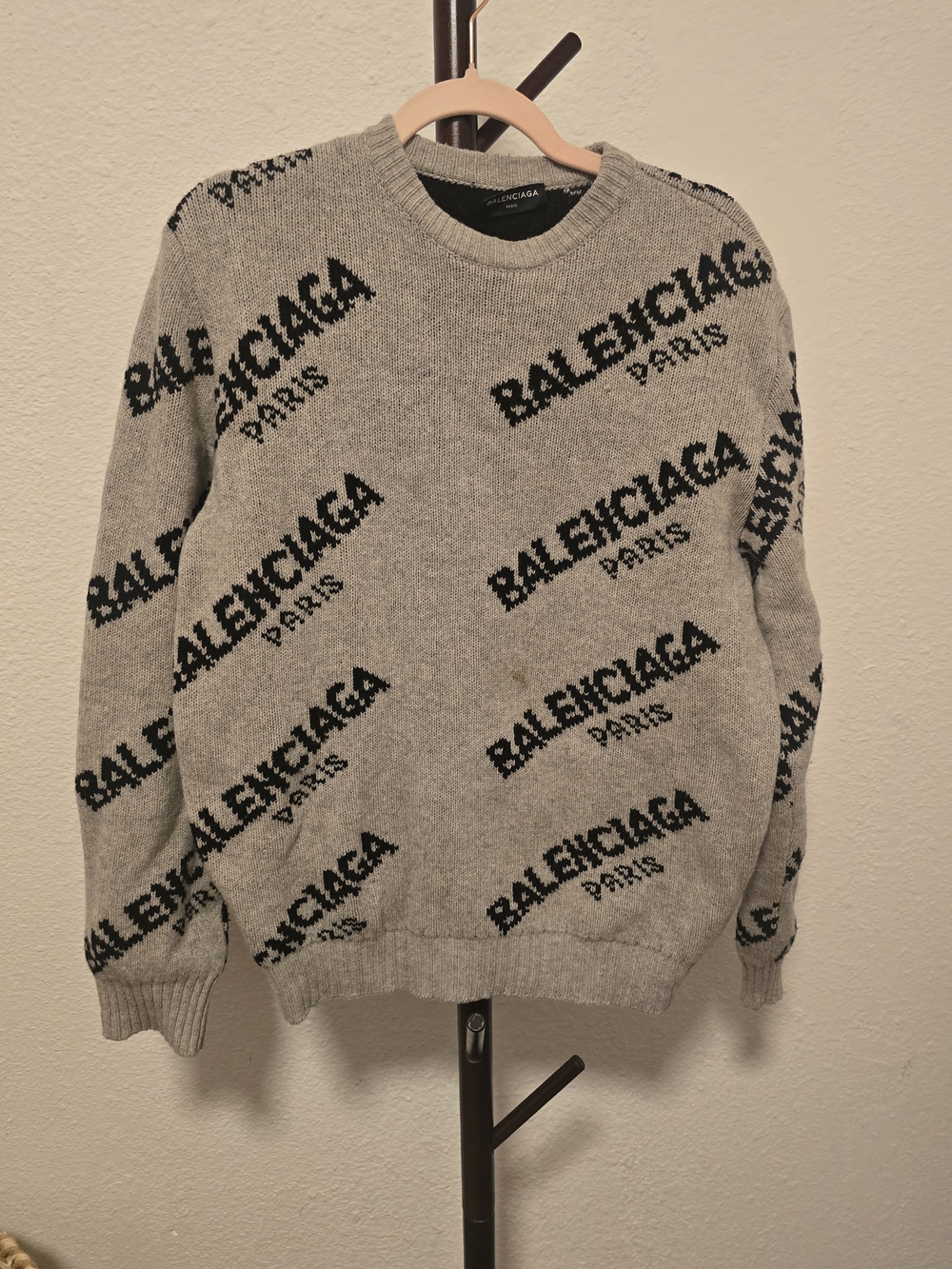 Balenciaga Women Grey Crewneck Logo Knit Sweater